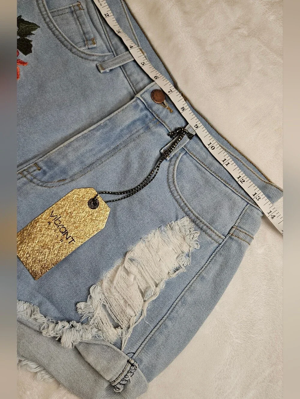 Vibrant Light Blue Denim Shorts with Red Rose Embroidery - Picture 8 of 10